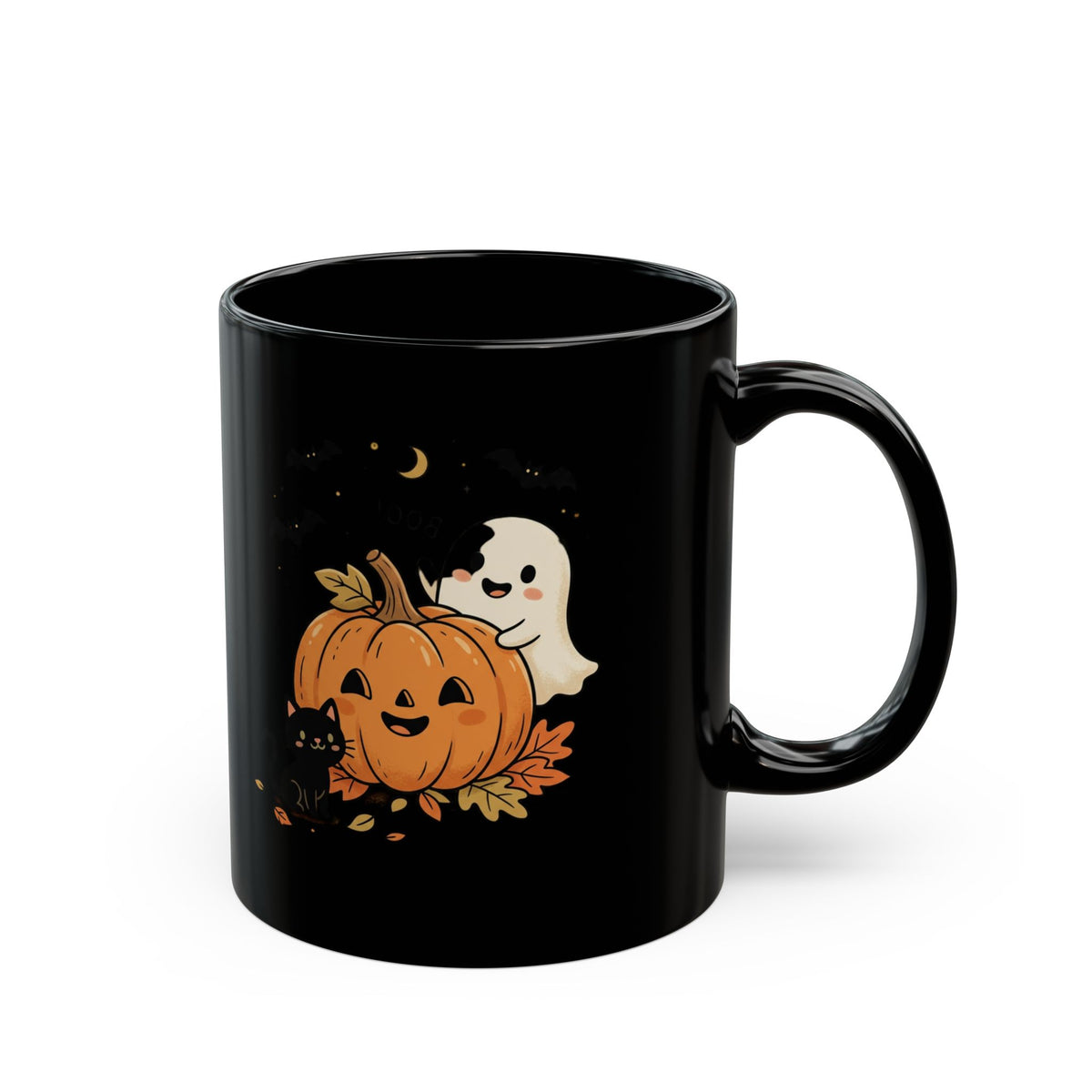 Halloween Pumpkin & Ghost Black Mug – Cute Spooky Coffee Cup (11oz/15oz)